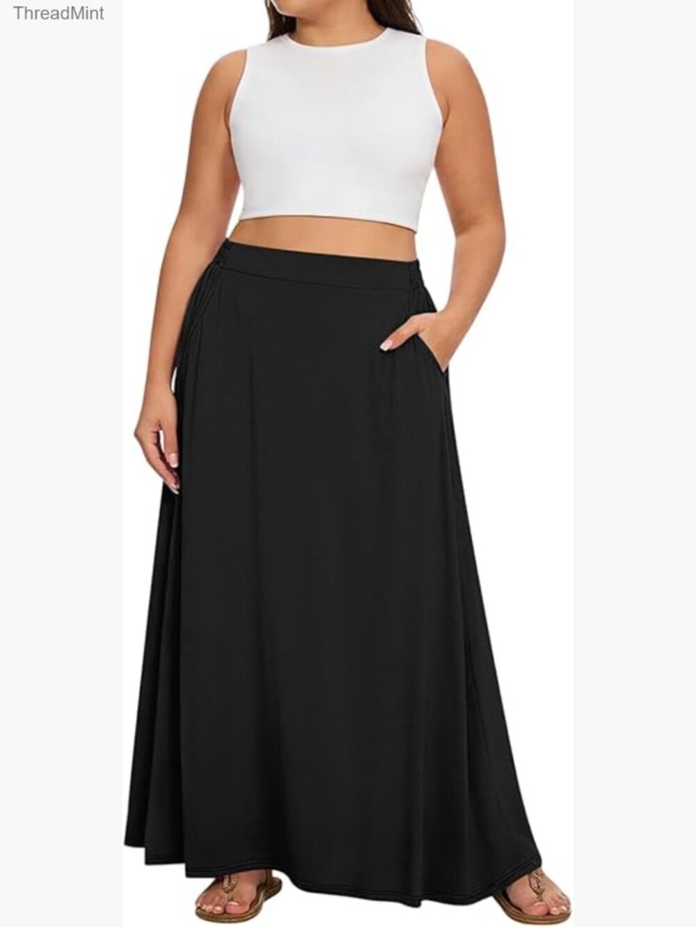 Plus Size Maxi Skirt Elastic High Waisted A-line Flowy Long Skirt with Pockets